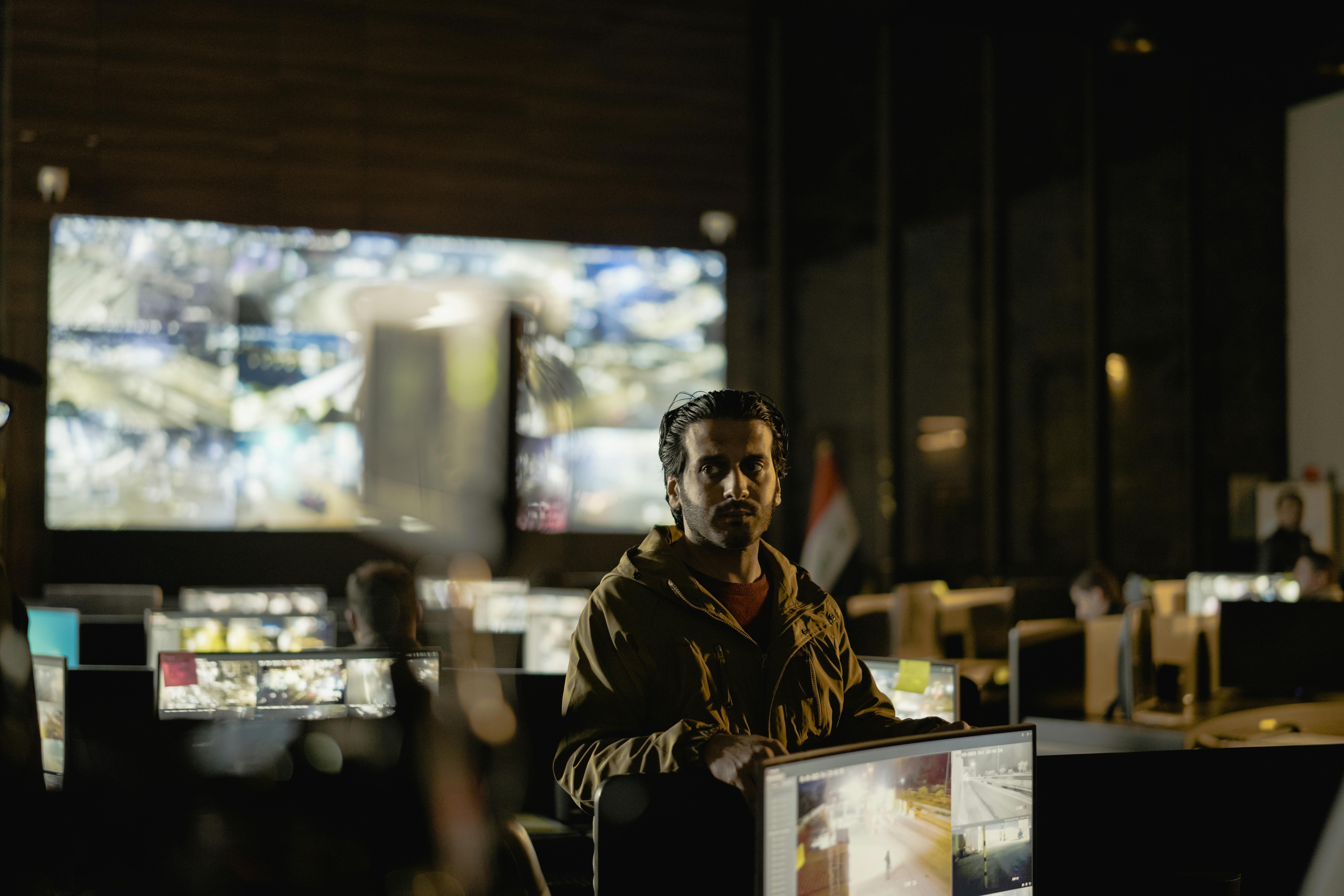 Security operations control room with monitoring screens